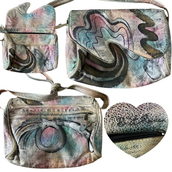 Vintage Handbags - Vintage 80s Brit Rosen Signed Hand Painted Abstract Leather Shoulder Bag Purse